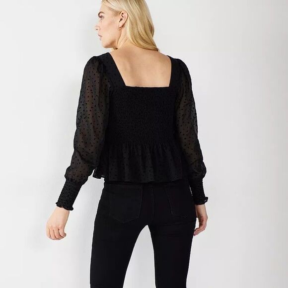 Nine West Blouse Black Smocked Square Neck Polka Dot Long Sheer Sleeves XS - Picture 4 of 13